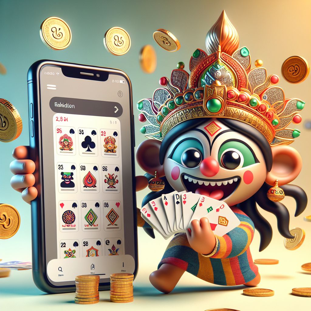 BD RUMMY themed cartoon character holding a phone with rummy cards and coins