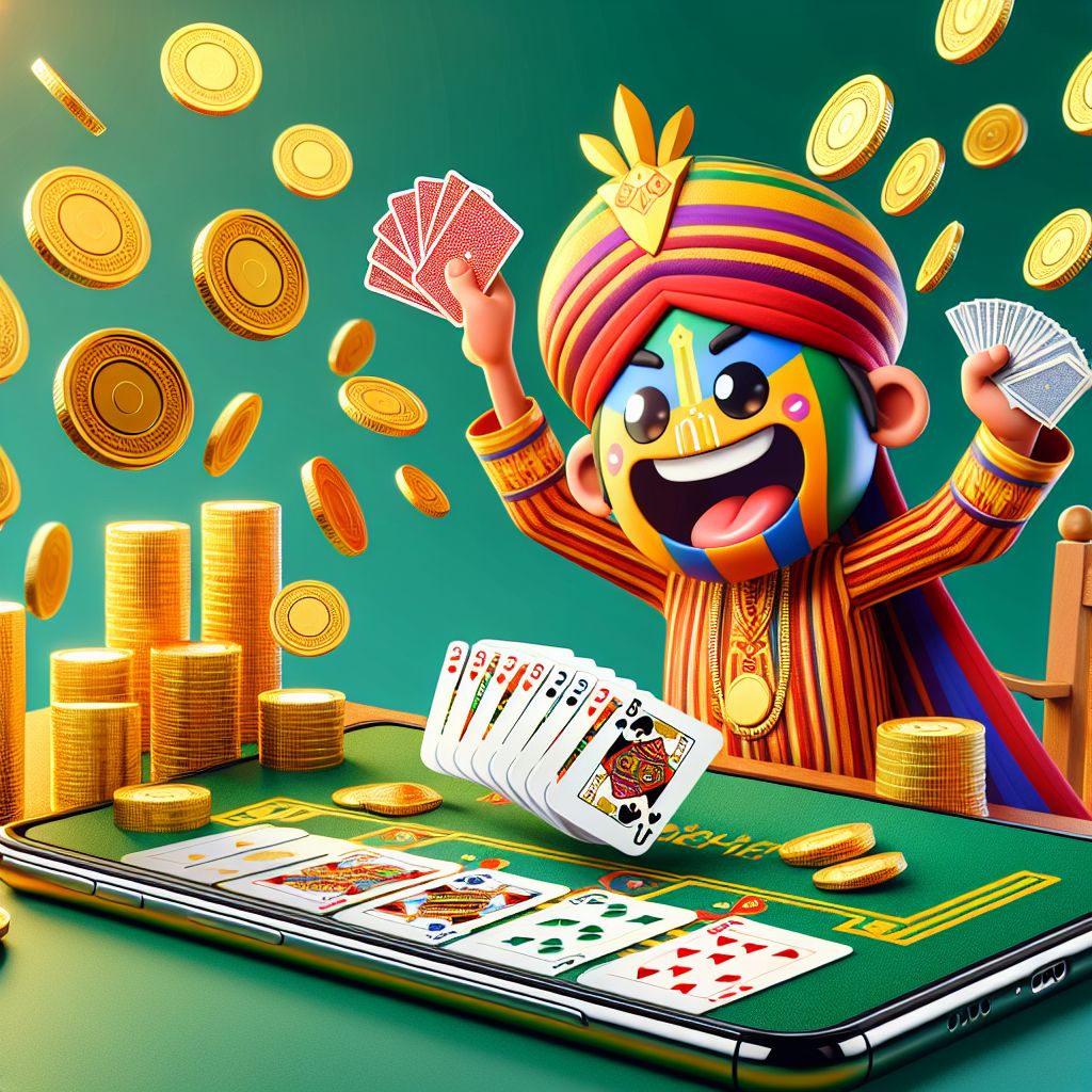 Cartoon rummy player holding cards with coins and a Bangladesh-themed backdrop