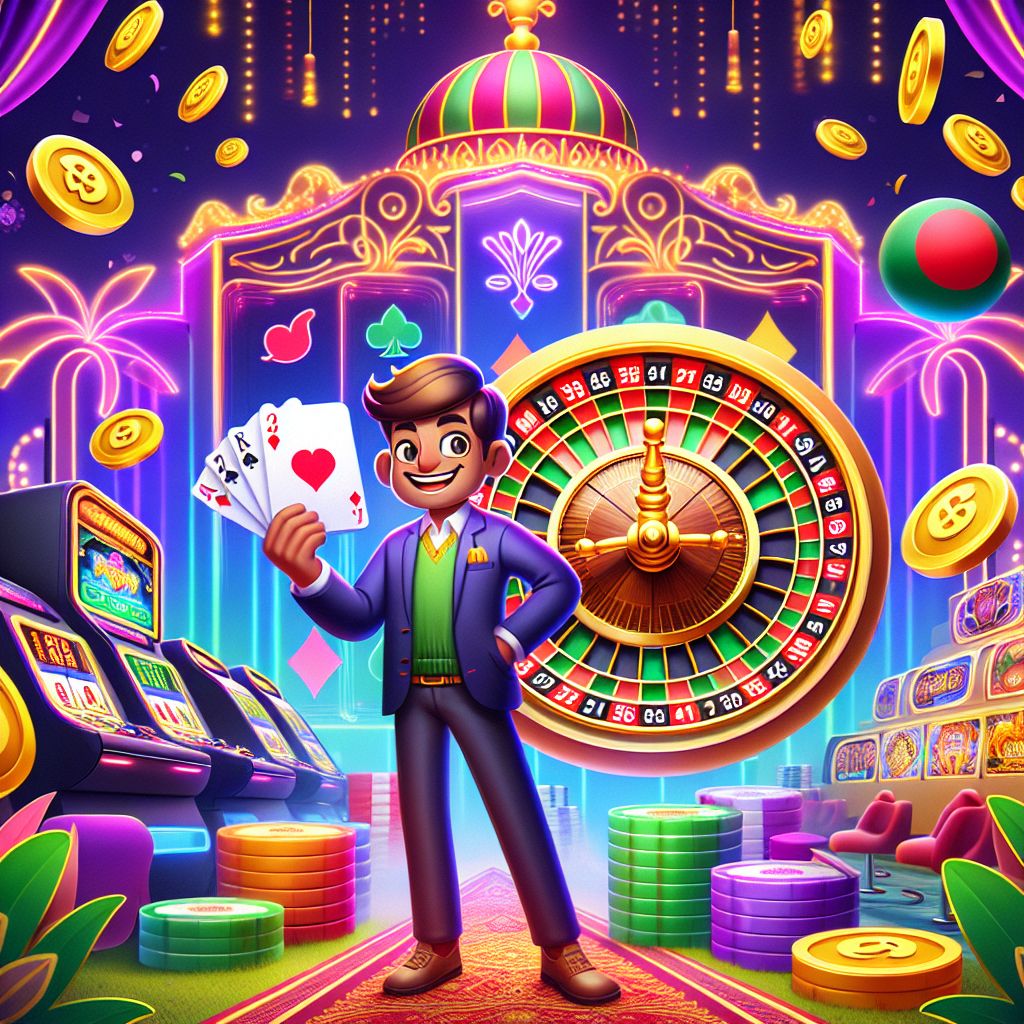 BD RUMMY casino cartoon characters with slot reels, cards, and coins in a Bangladesh-themed neon casino
