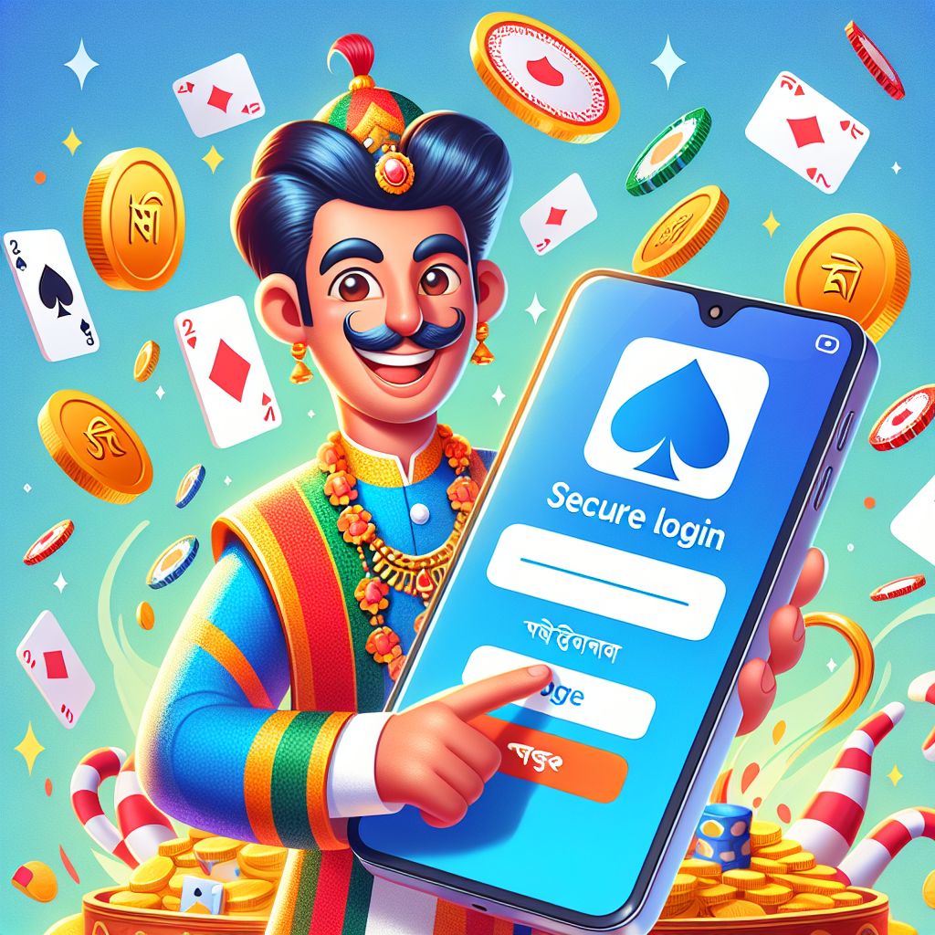 BD RUMMY cartoon character holding a phone with a login screen and rummy cards