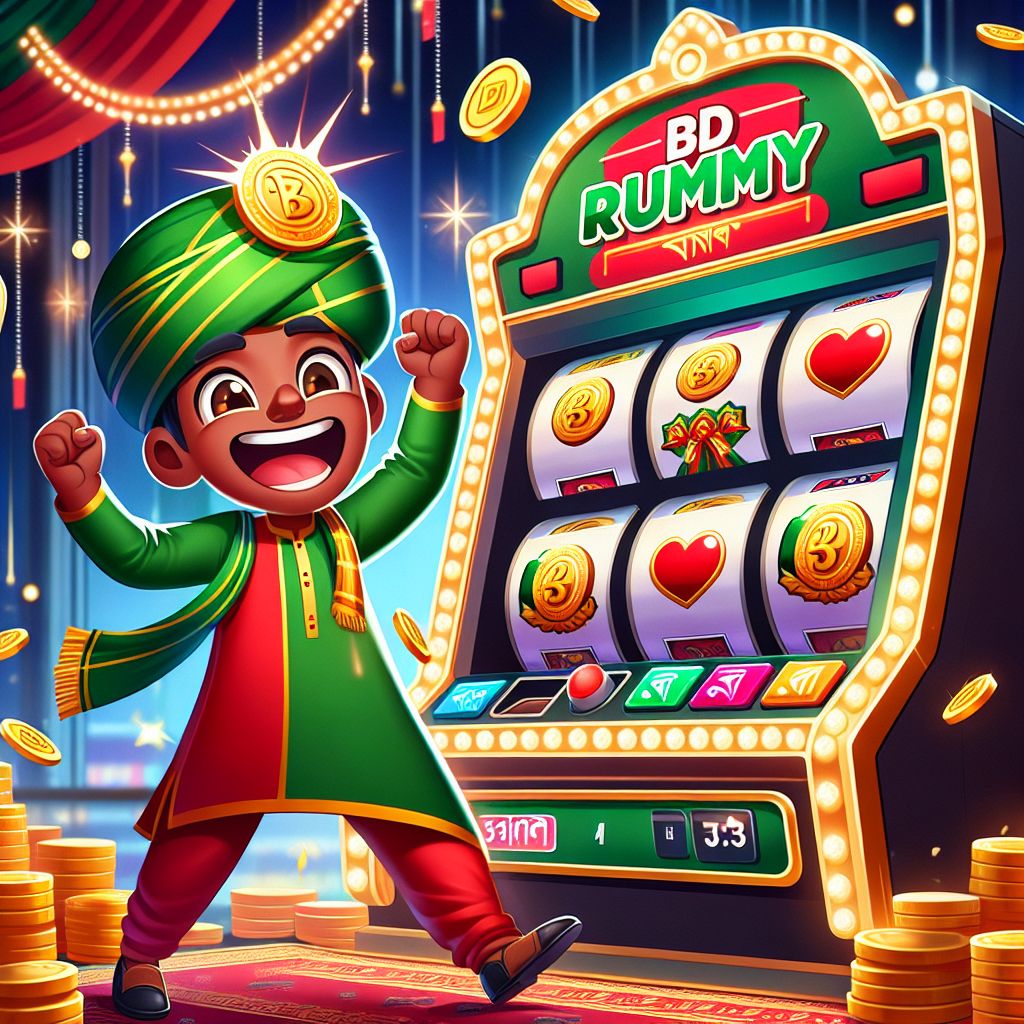 BD RUMMY slots cartoon character spinning reels with coins and glowing symbols